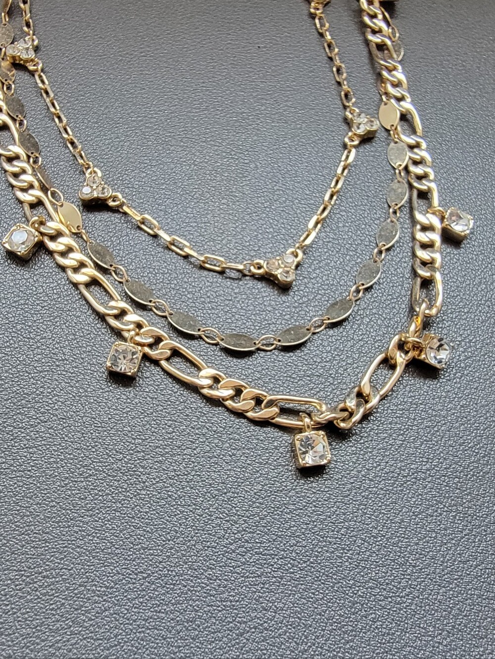 Vintage Gold-Tone Layered Chain Necklace with Rhinestone Charms | Triple Strand